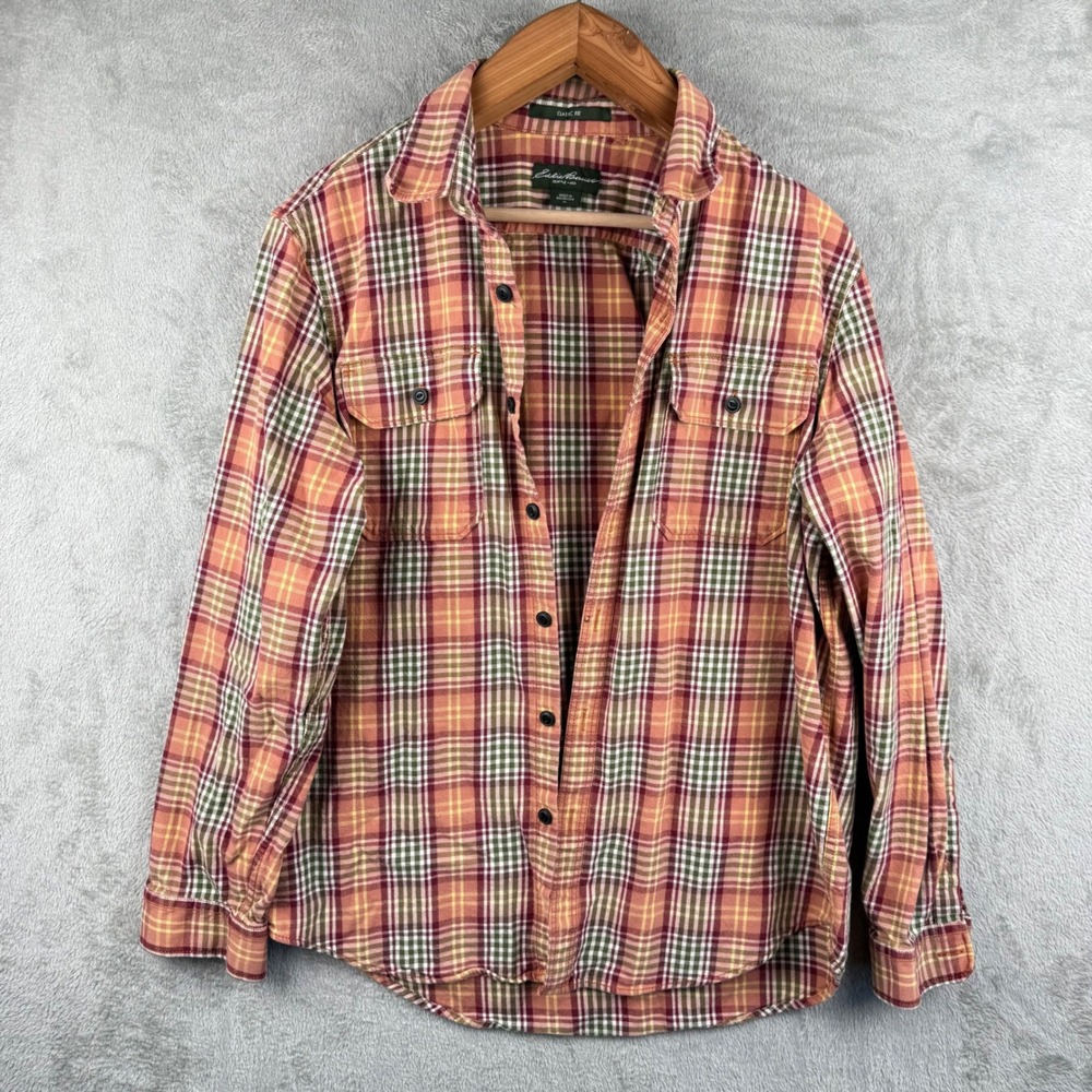 Eddie Bauer Classic Fit Plaid Flannel Long Sleeve Shirt Mens XL Orange Colorful